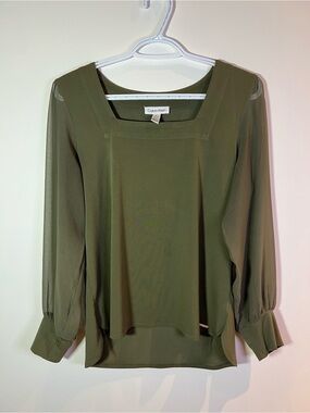 Calvin Klein Olive Green Women’s Small Sheer Sleeve Chic Square Neck Blouse